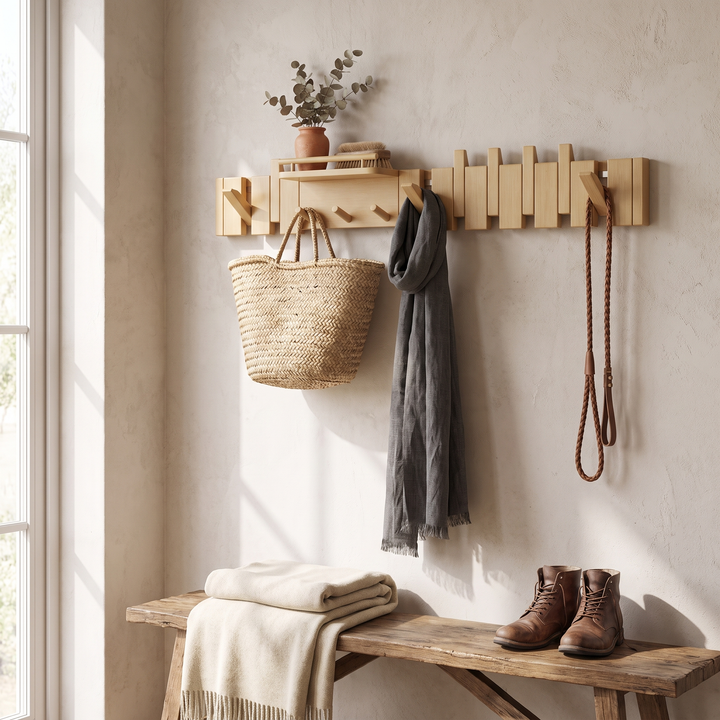 Brown Solid Rubberwood Wall Coat Rack, 7 hooks