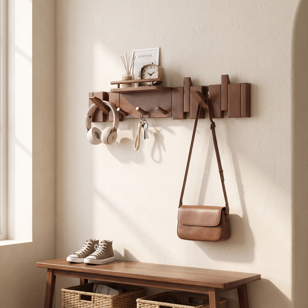 Oak Solid Rubberwood Wall Coat Rack, 11 hooks