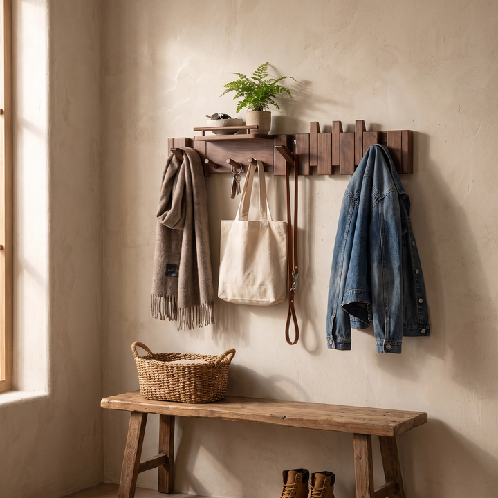 Brown Solid Rubberwood Wall Coat Rack, 9 hooks