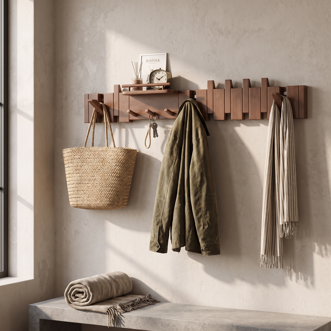 Oak Solid Rubberwood Wall Coat Rack, 7 hooks