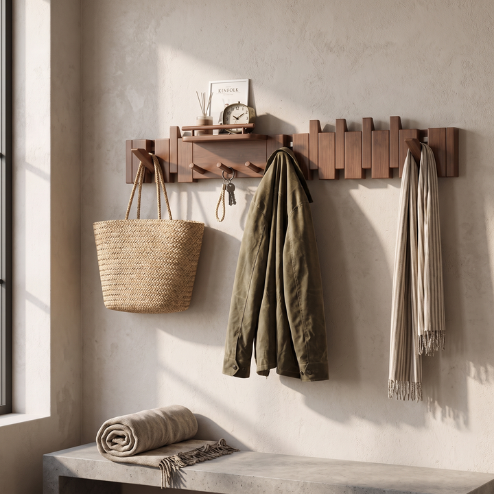 Oak Solid Rubberwood Wall Coat Rack, 7 hooks