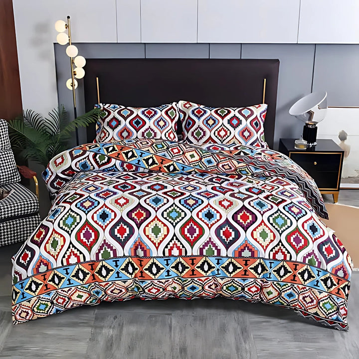 Multicolor Southwestern Geometric Duvet Cover Set on bed front view