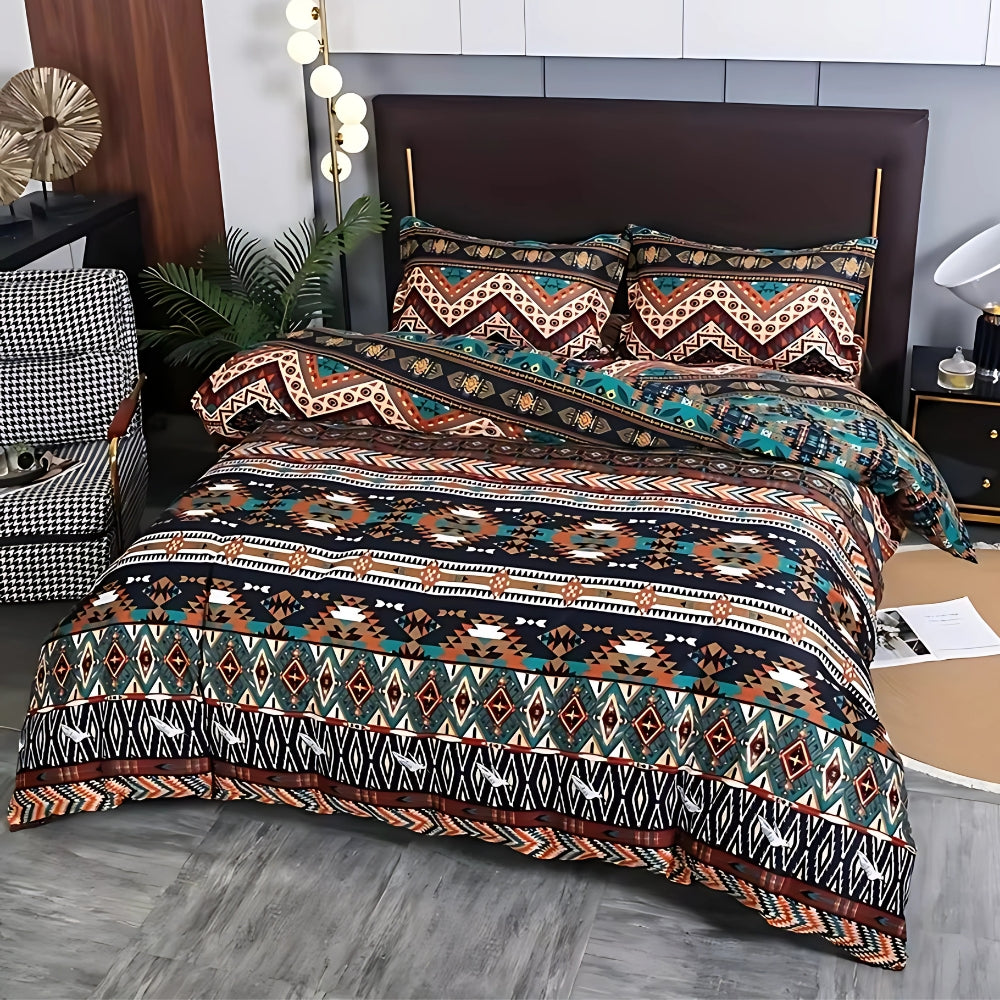 Black and teal Southwestern Geometric Duvet Cover Set on bed front view