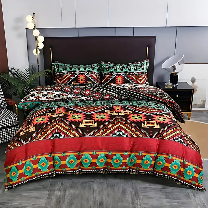 Red Southwestern Geometric Duvet Cover Set on bed front view