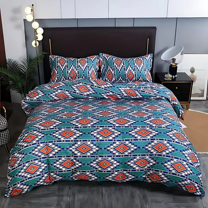 Teal Southwestern Geometric Duvet Cover Set on bed front view