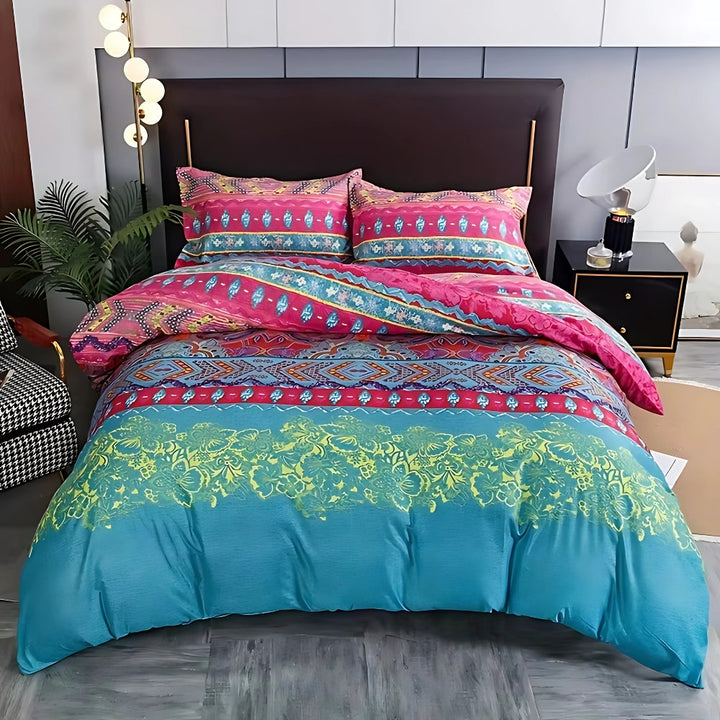 Pink and turquoise Southwestern Geometric Duvet Cover Set on bed front view