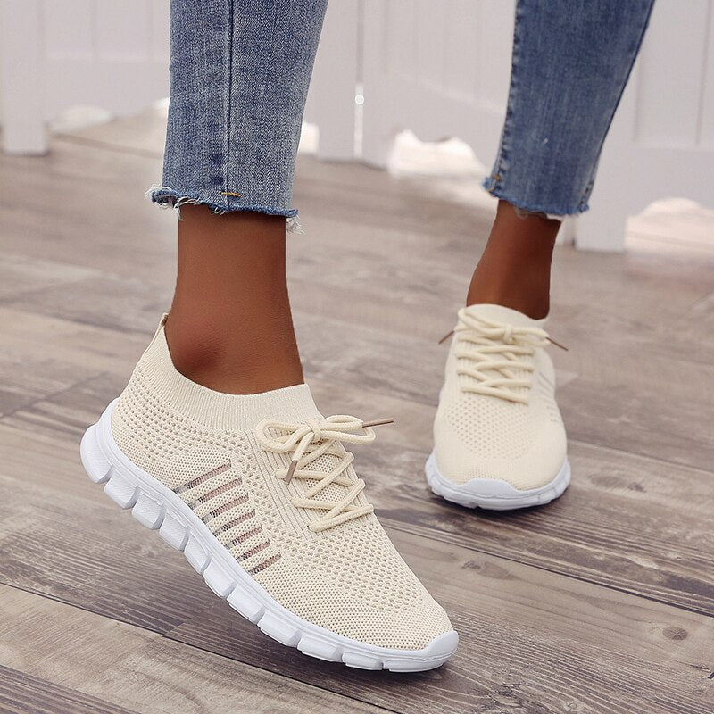 Beige Sport-Inspired Slip-On Sneakers on-foot view