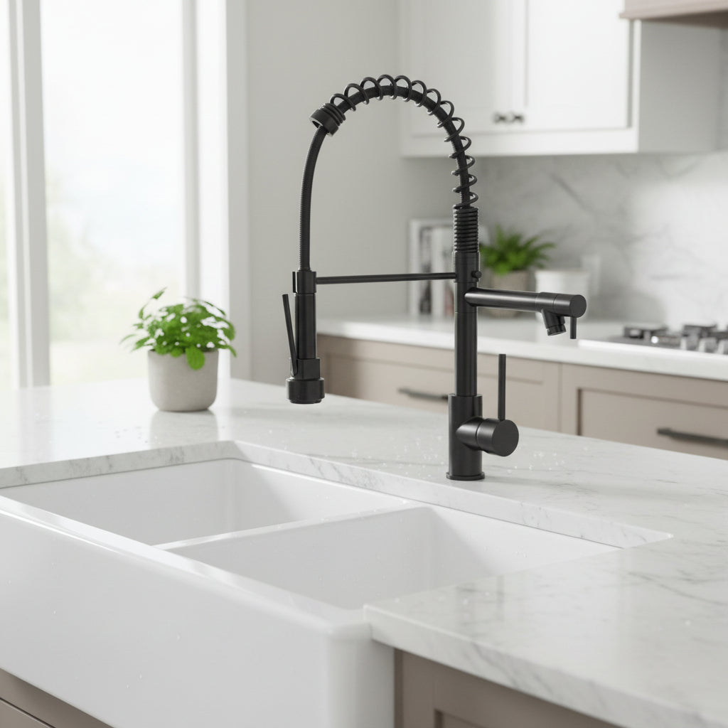 Matte Black Spring-Neck Pull-Down Kitchen Faucet on farmhouse sink