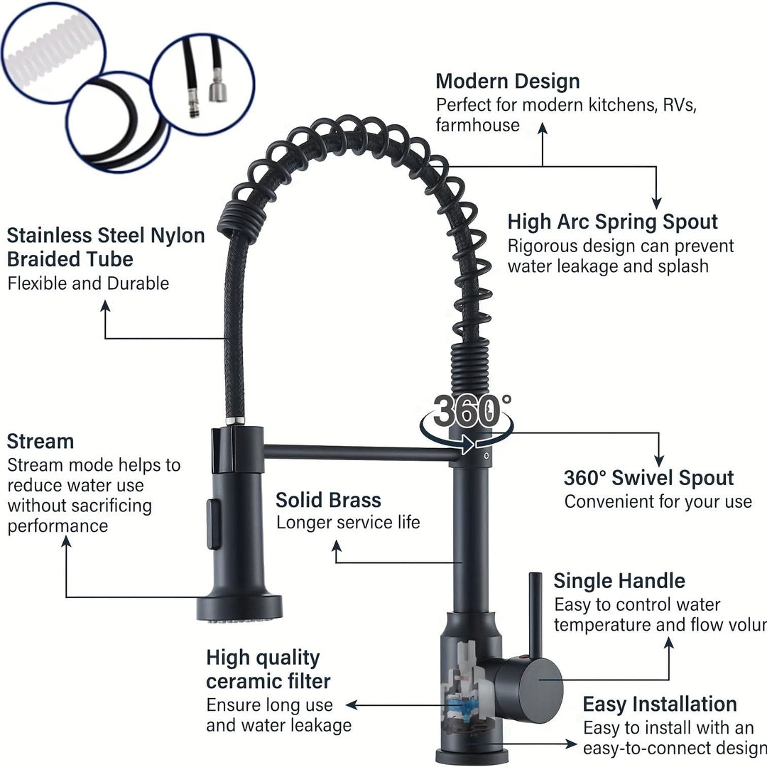 Spring-Neck Pull-Down Kitchen Faucet braided hose and 360 rotation feature