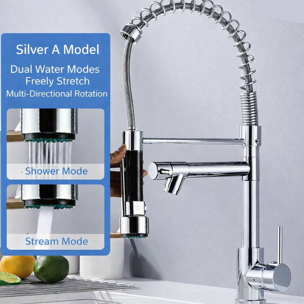 Chrome Spring-Neck Pull-Down Kitchen Faucet dual water mode feature