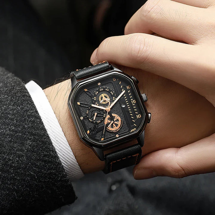 Black & Gold Square Sub-Dial Leather Watch worn on wrist