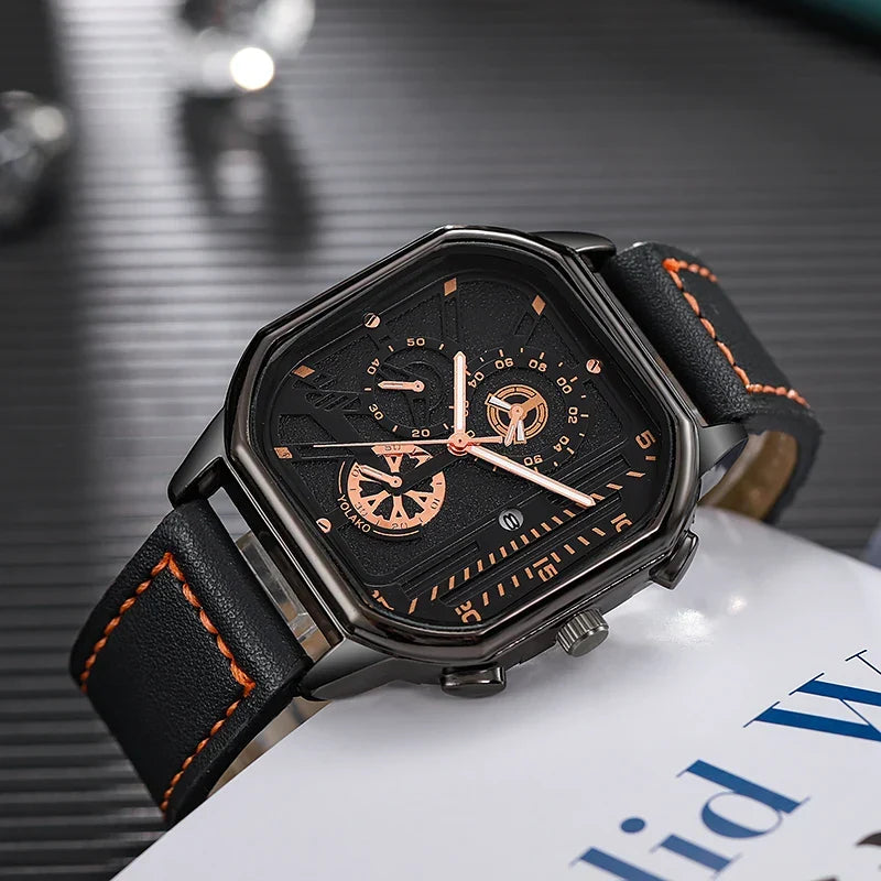 Black & Gold Square Sub-Dial Leather Watch angled view