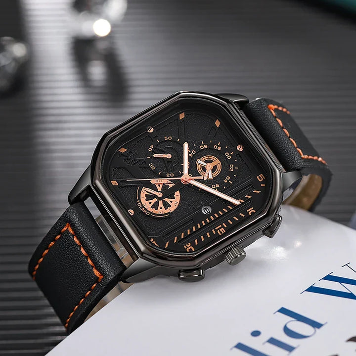 Black & Gold Square Sub-Dial Leather Watch angled view