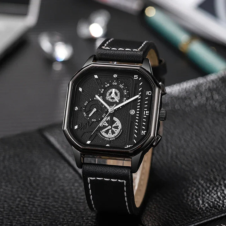 Black & Silver Square Sub-Dial Leather Watch angled view