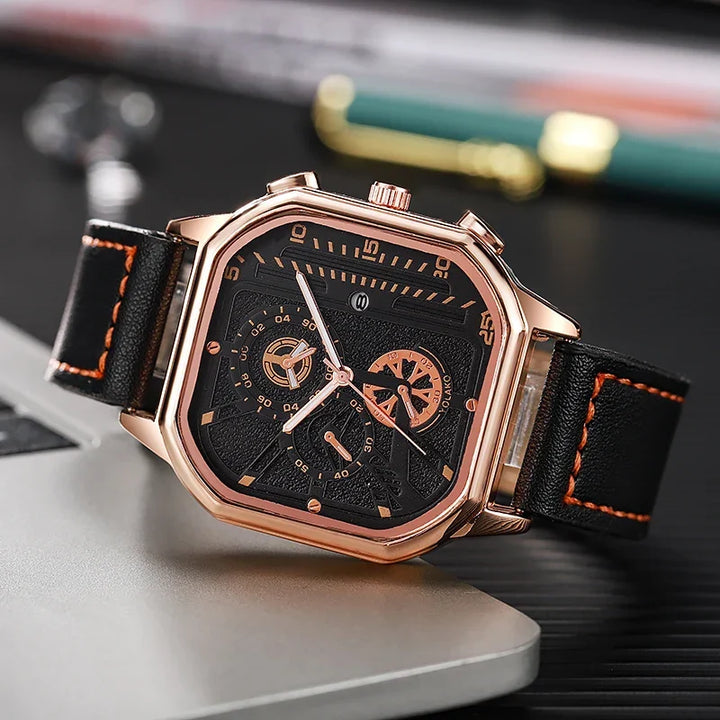 Rose Gold Square Sub-Dial Leather Watch angled view