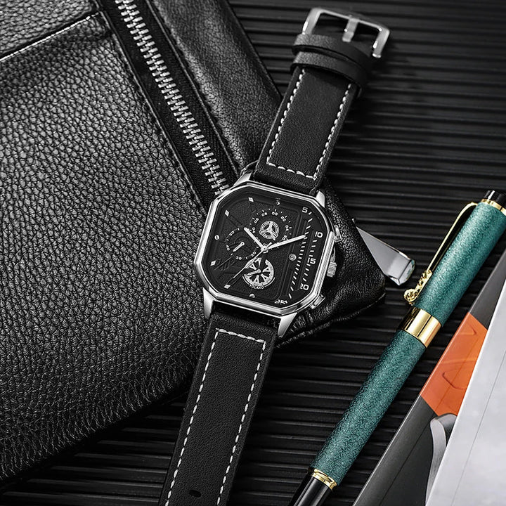 Silver Square Sub-Dial Leather Watch lifestyle