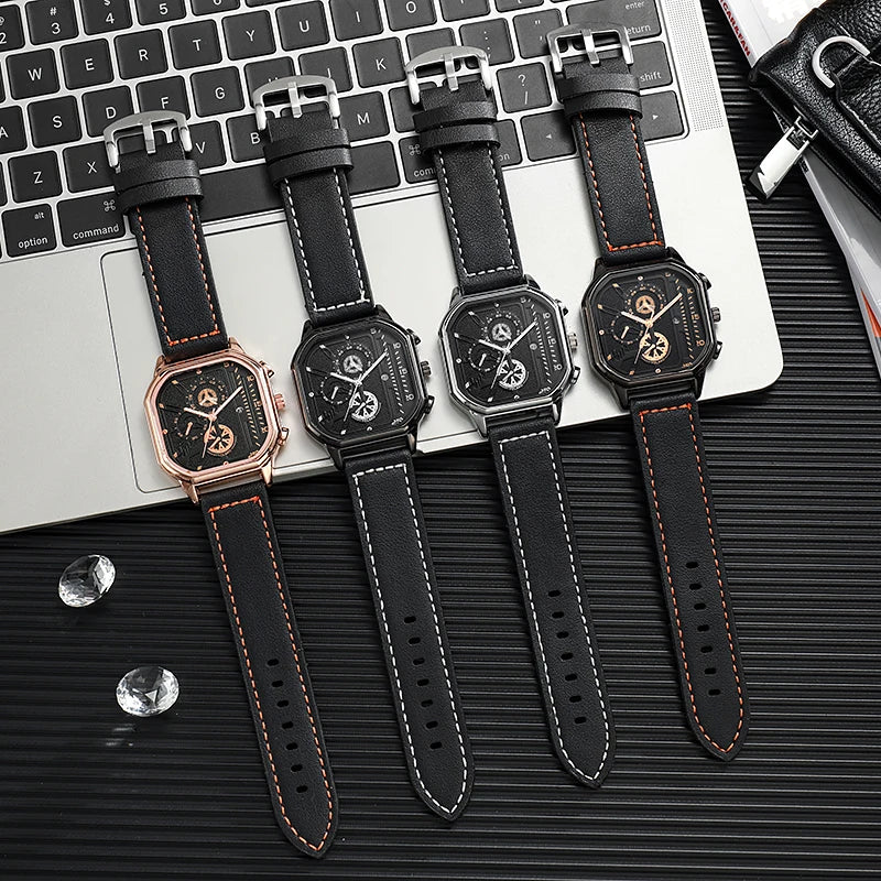 Square Sub-Dial Leather Watch all four colors flat lay