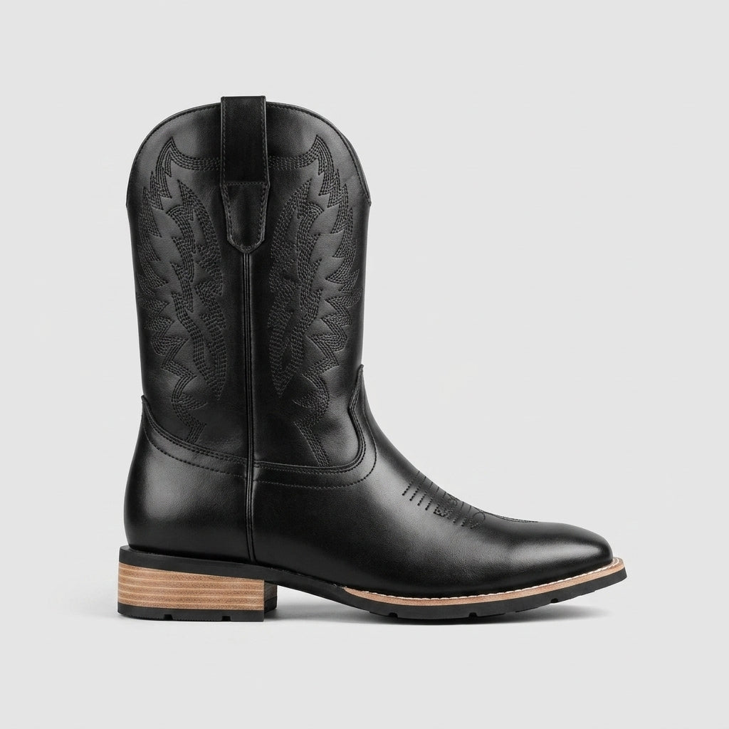 Black square-toe Western boot side view