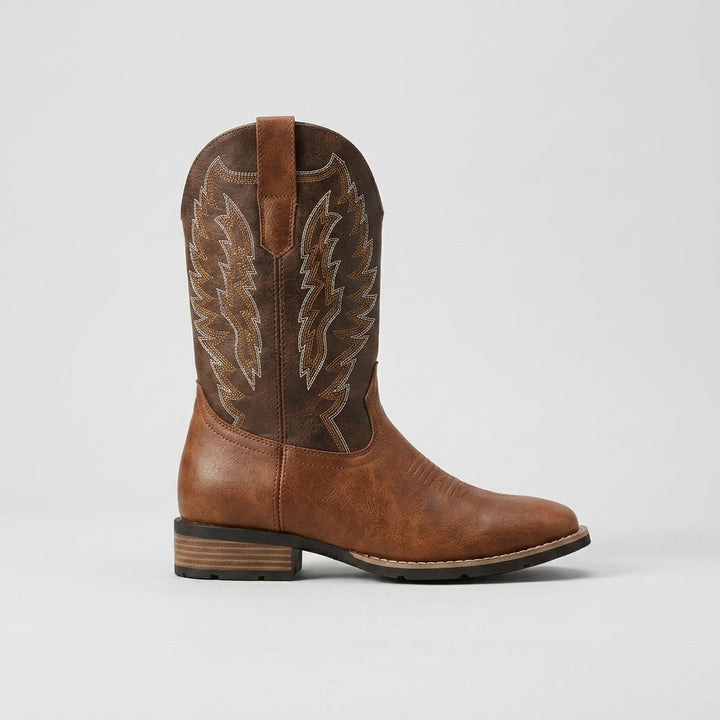 Brown square-toe Western boot side view