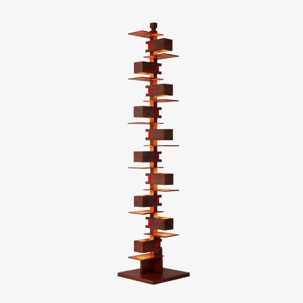 Stacked Wood Block Tower Lamp illuminated