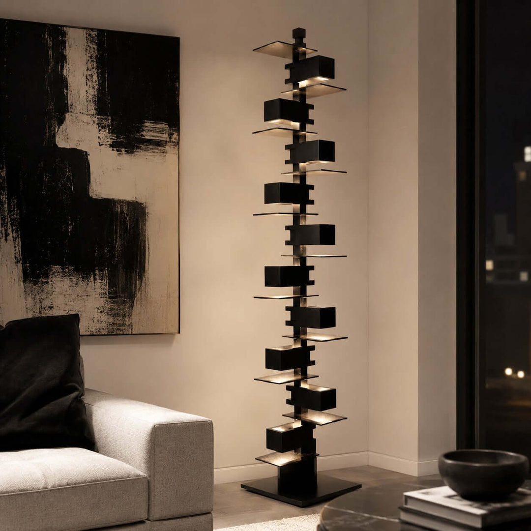 Stacked Wood Block Tower Lamp glowing detail