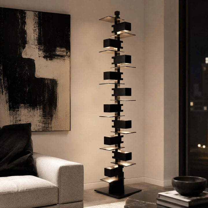 Stacked Wood Block Tower Lamp glowing detail
