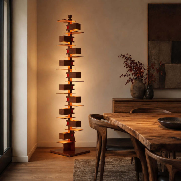 Stacked Wood Block Tower Lamp in living room