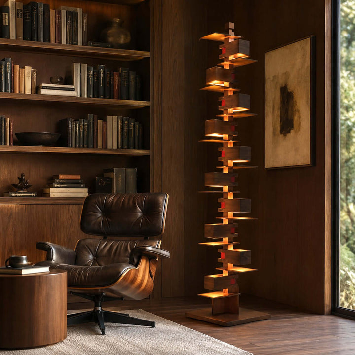 Stacked Wood Block Tower Lamp in bedroom