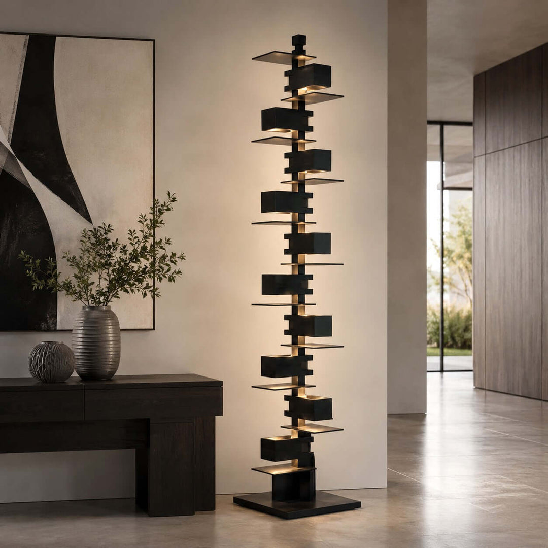 Stacked Wood Block Tower Lamp corner styling