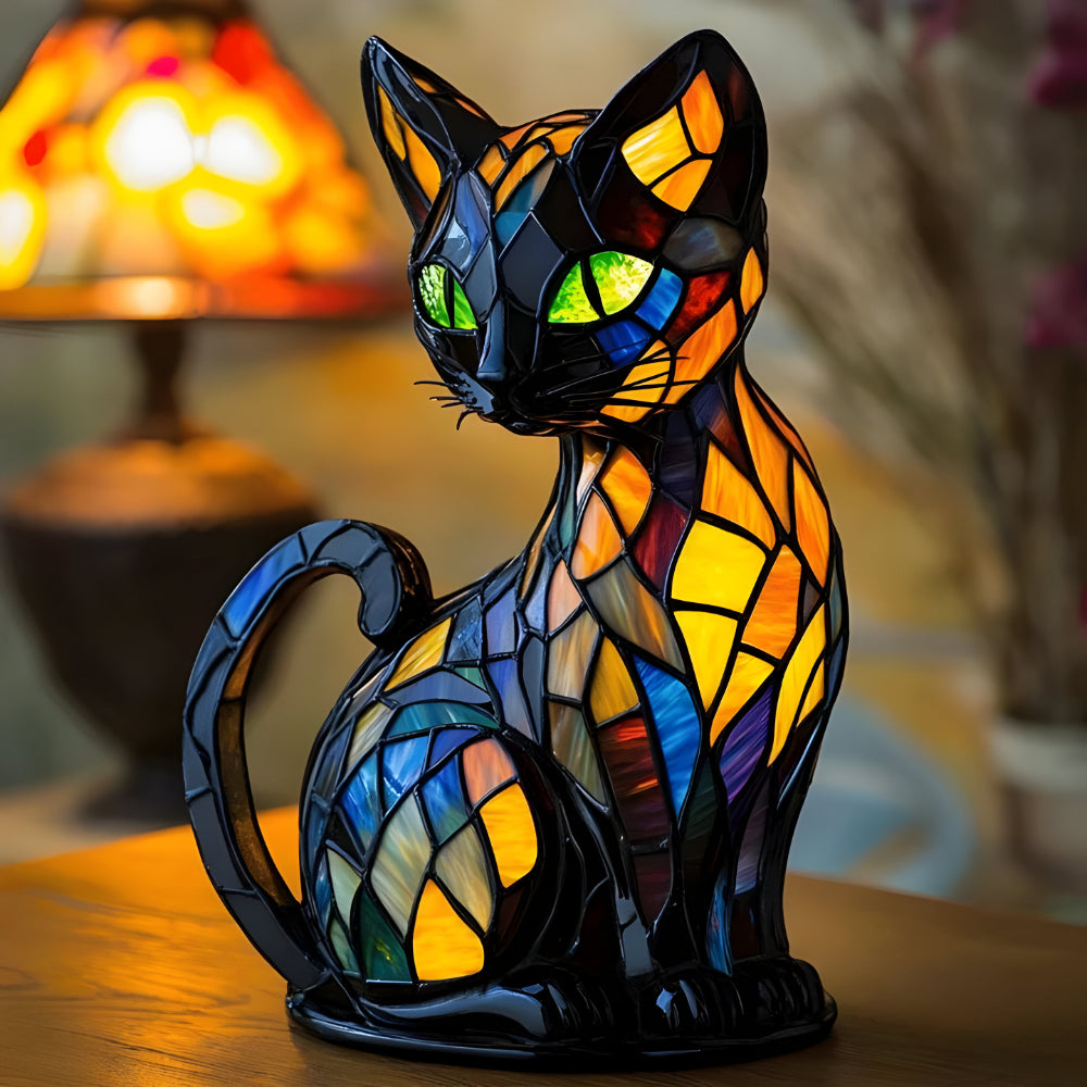 Stained Glass Mosaic Cat Table Lamp lit on table