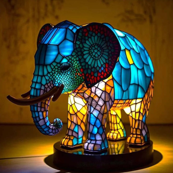 Elephant Stained Glass Style Animal Table Lamp lit