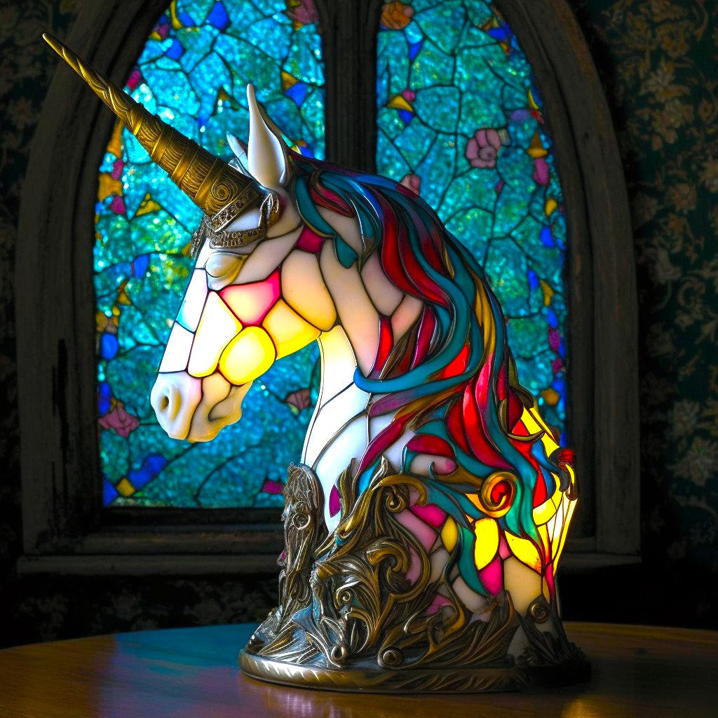 Unicorn Stained Glass Style Animal Table Lamp lit
