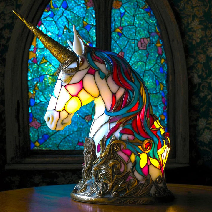 Unicorn Stained Glass Style Animal Table Lamp lit