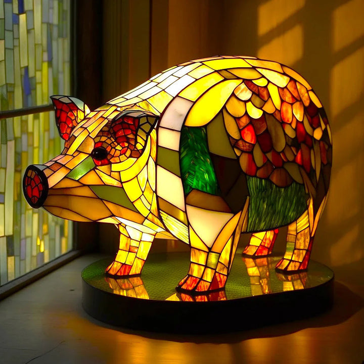 Pig Stained Glass Style Animal Table Lamp lit