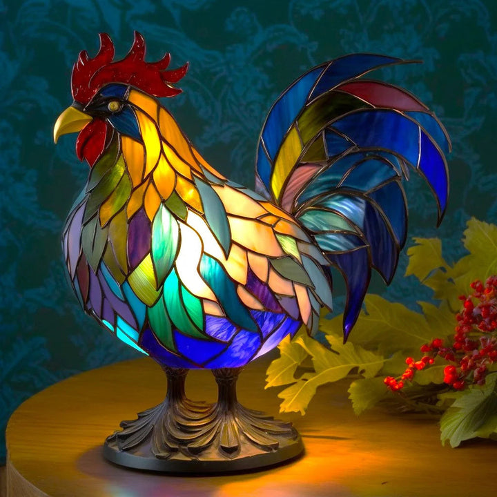 Rooster Stained Glass Style Animal Table Lamp lit
