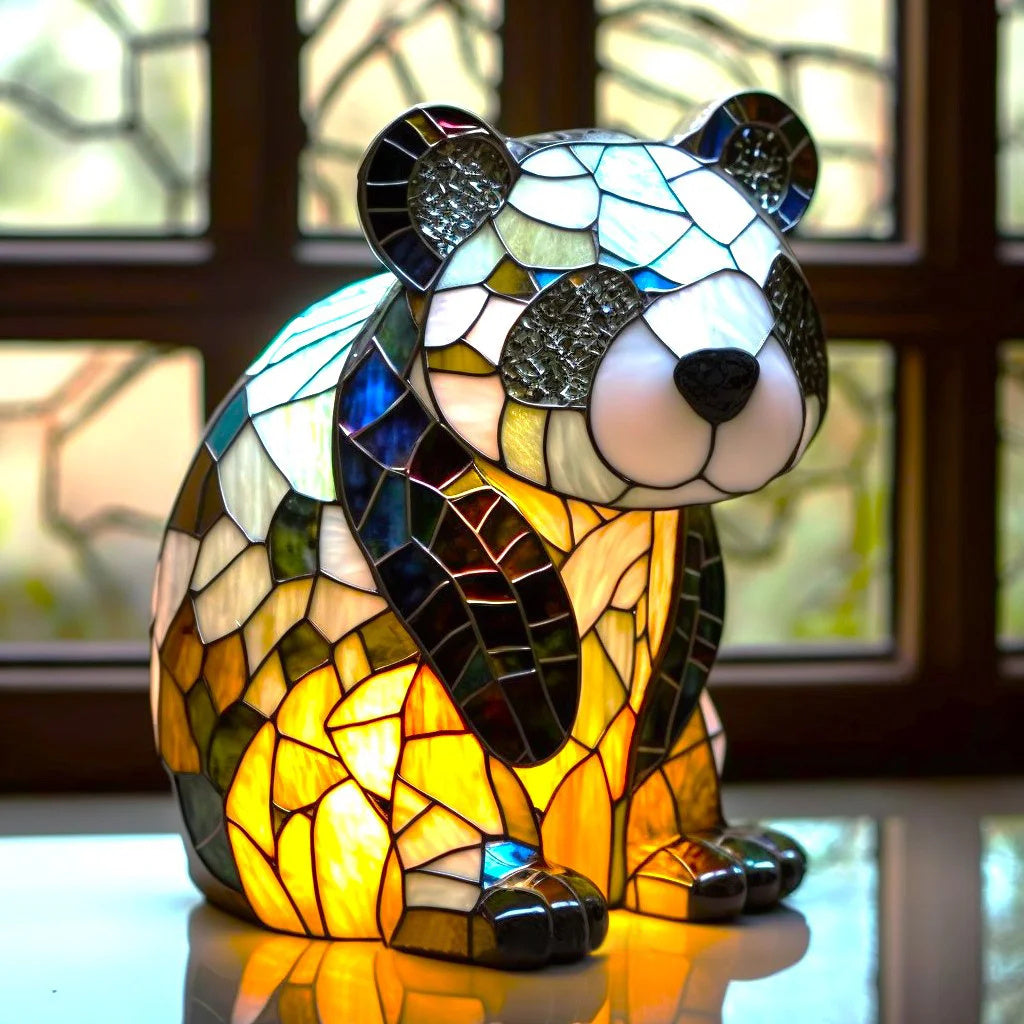 Panda Stained Glass Style Animal Table Lamp lit