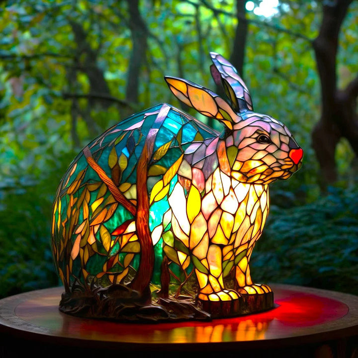 Rabbit Stained Glass Style Animal Table Lamp lit