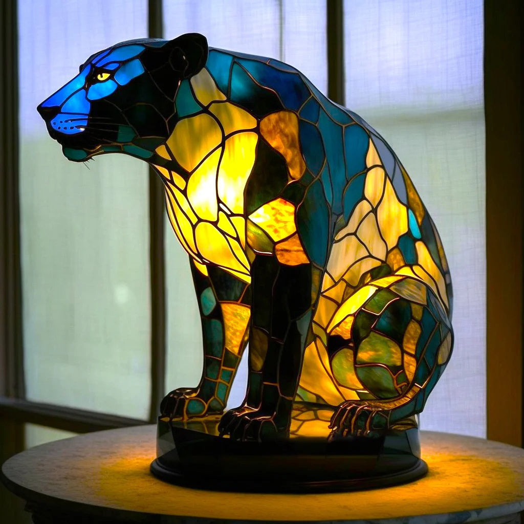 Bear Stained Glass Style Animal Table Lamp lit