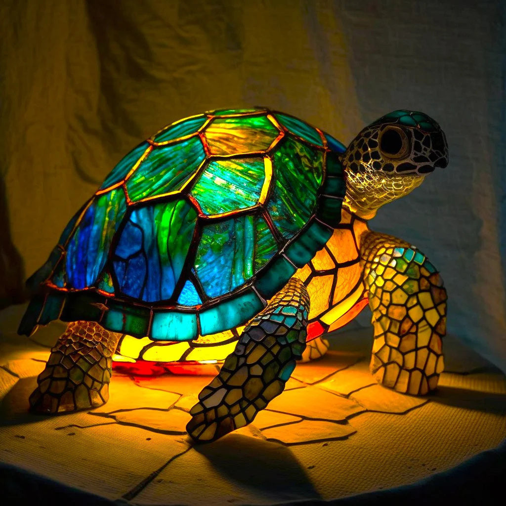 Turtle Stained Glass Style Animal Table Lamp lit