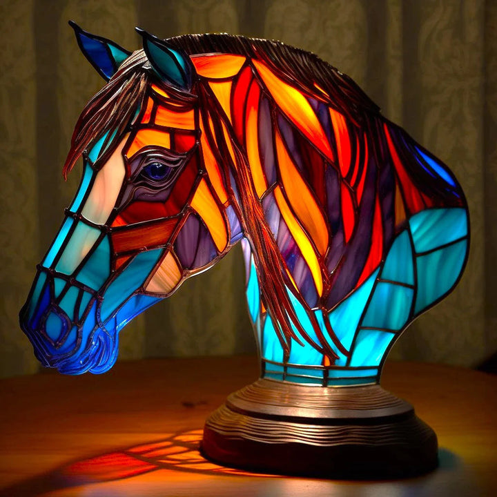 Horse Stained Glass Style Animal Table Lamp lit