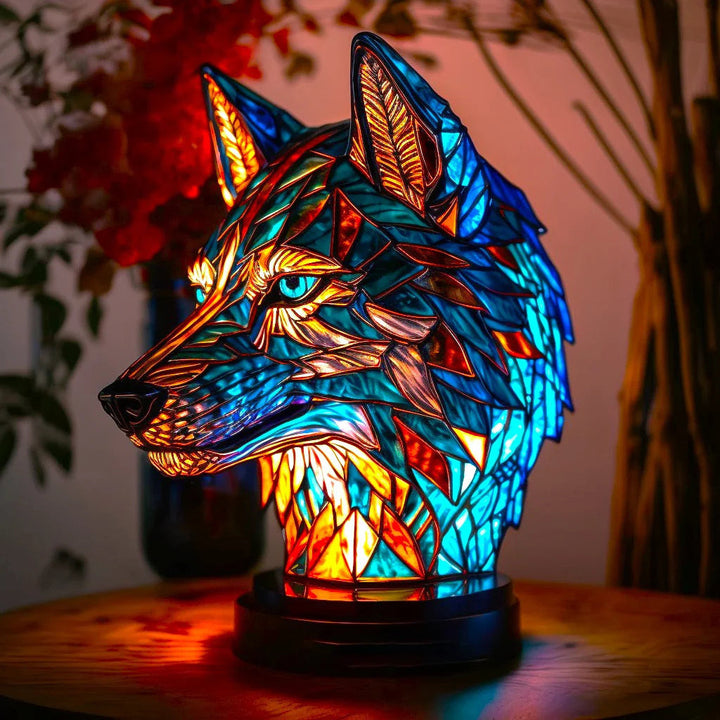 Wolf Stained Glass Style Animal Table Lamp lit