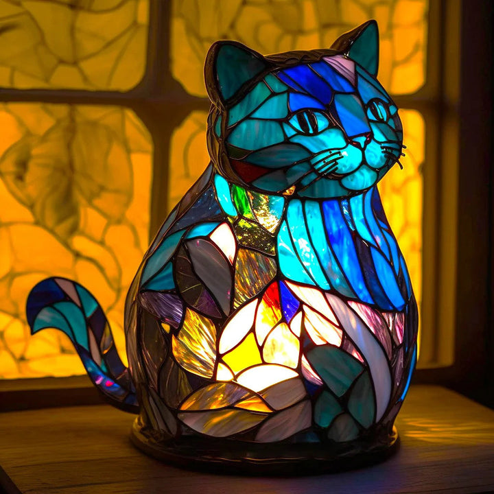 Cat Stained Glass Style Animal Table Lamp lit