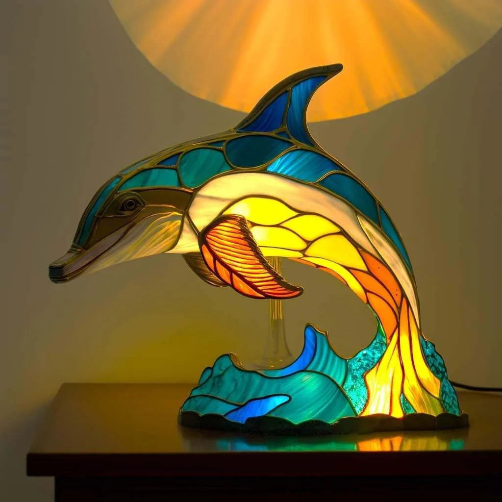 Dolphin Stained Glass Style Animal Table Lamp lit