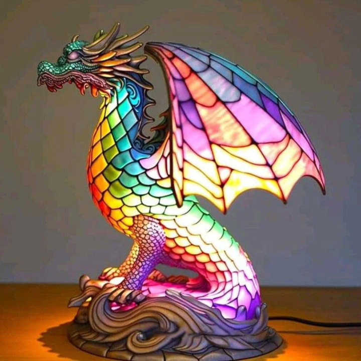 Dragon Stained Glass Style Animal Table Lamp lit