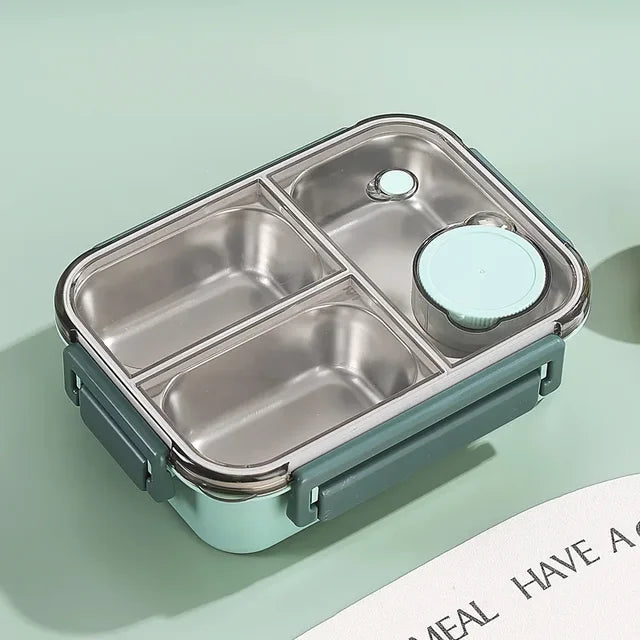 Stainless Steel Bento Lunchbox - Green, Closed with Sauce Cup