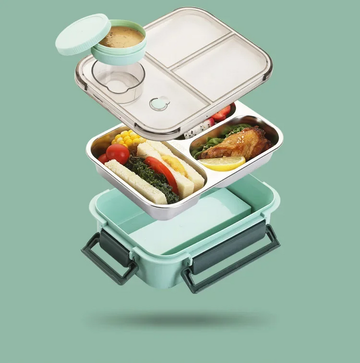 Stainless Steel Bento Lunchbox - Green, Exploded View Showing Compartments and Lid