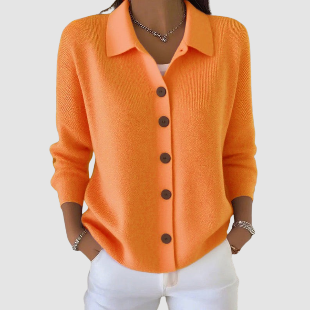 Apricot Stretch-Knit Lapel Cardigan front view