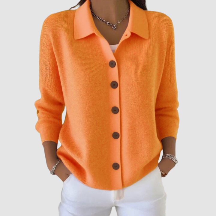 Apricot Stretch-Knit Lapel Cardigan front view