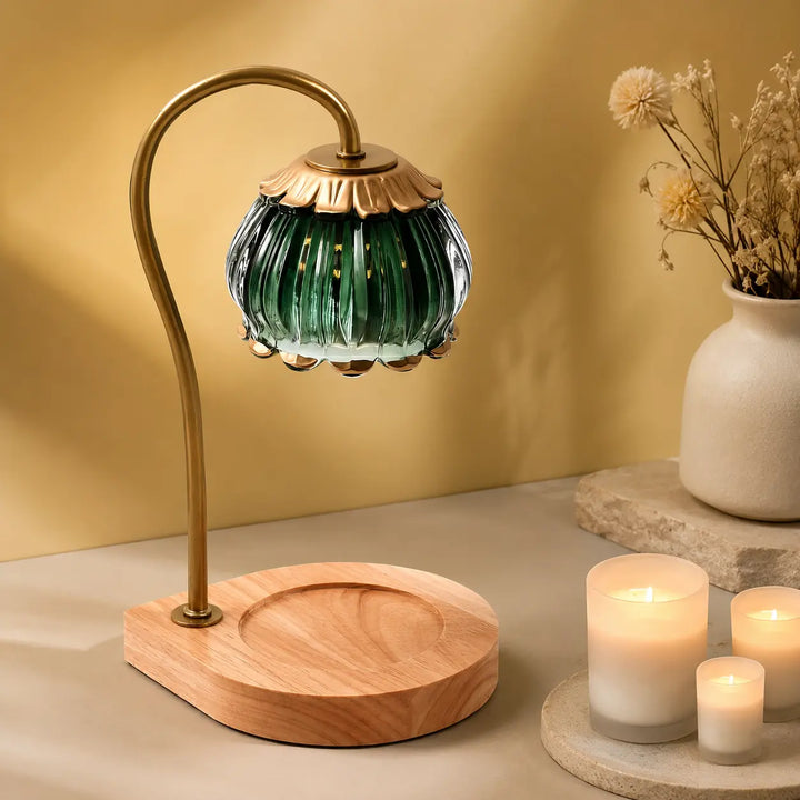 Striped Glass Candle Warmer Lamp wood base detail