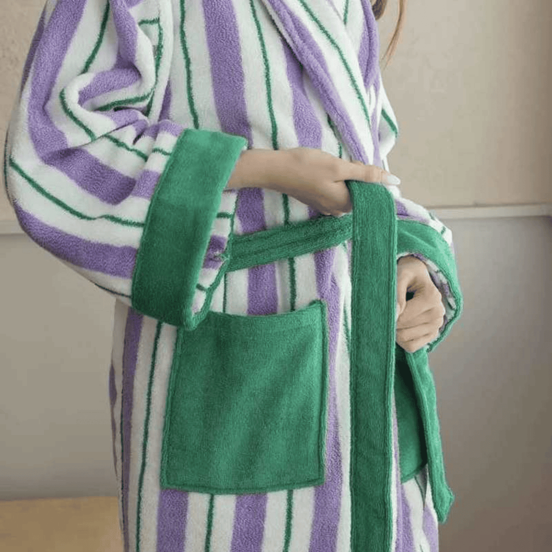 Green & Purple Striped Jacquard Cotton Robe pocket detail